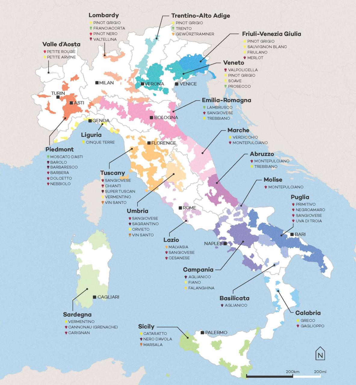 Bản đồ các vùng rượu vang Ý